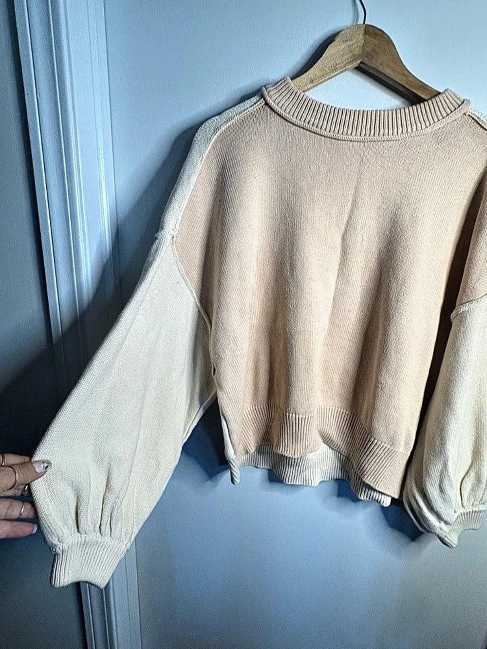 By Together Sz M Color Block Cotton Sweater Balloon Sleeve Exposed Seams Boho